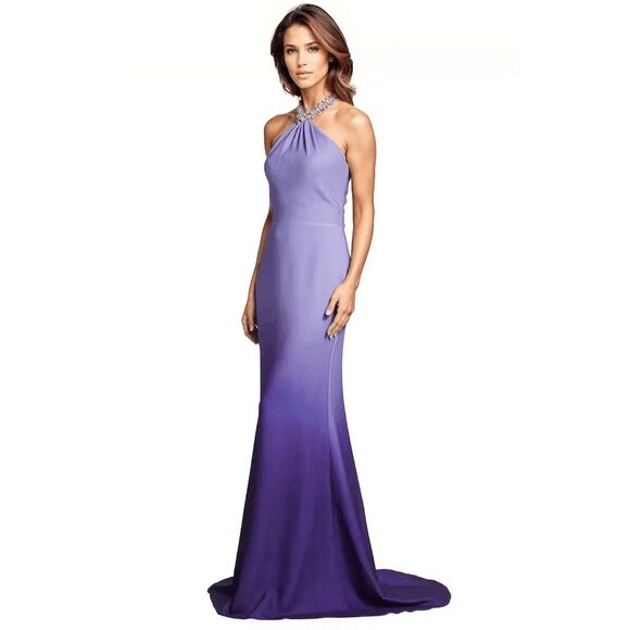 Rene Ruiz Embellished Halter Ombré Chiffon Gown Periwinkle Size US4 $995